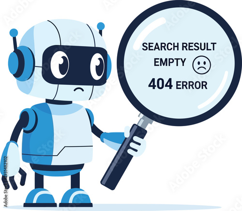Cute robot character searching for empty results with a magnifying glass