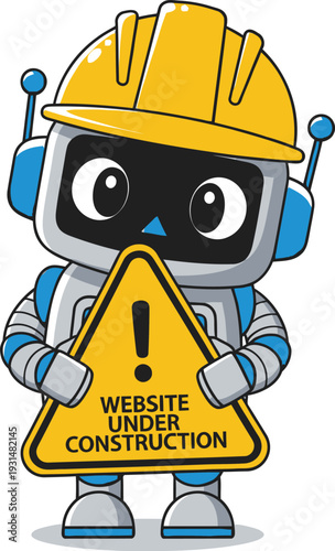 Cautionary robot wearing a construction helmet and holding a warning sign
