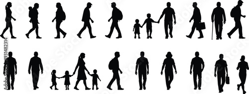 Walking people silhouette vector illustration showing diverse adults and children carrying bags, interacting, parenting, lifestyle, movement, unity, diversity, care