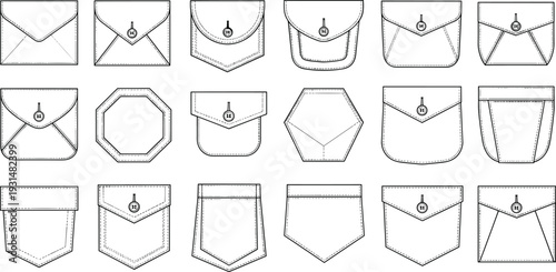 Pocket design flat sketch, fashion illustration, garment construction, clothing template, flap styles, button placements, stitching patterns, apparel manufacturing, tailoring reference