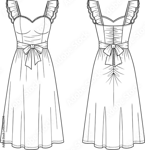 Sleeveless dress flat sketch, sweetheart neckline, ruffled straps, bow waist detail, flared midi skirt, pleated design, front back view, apparel illustration