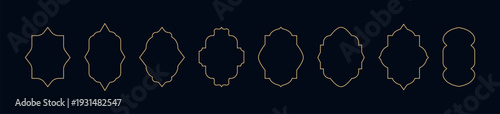 Islamic set of linear golden frames; Arabic arches for Ramadan Kareem on a dark background; minimalist esoteric border; retro; boho. Taro magic sacred cover card frame, gold line decoration. Muslim 