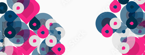 Abstract circles overlap, creating vibrant pink, blue, white patterns. Minimalist design with negative space dominates composition.
