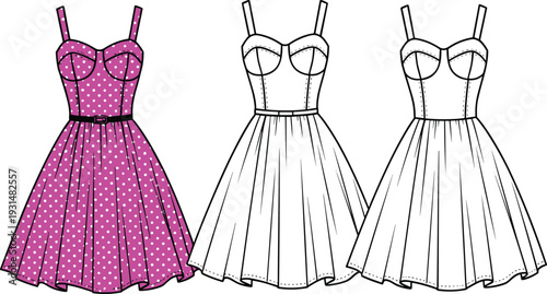Pink polka dot dress vector illustration, retro sleeveless summer party gown, front view fashion technical drawing template