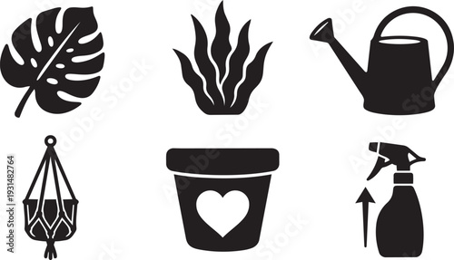 Indoor Plant Care, Houseplant Collection and Botanical Gardening Organic Silhouette Icon Set Vector Illustration