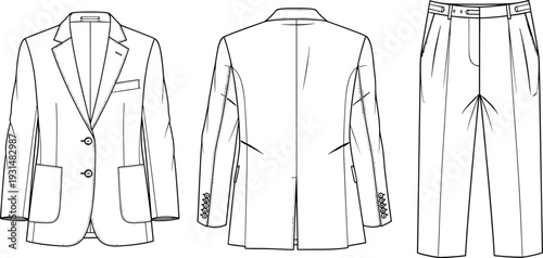 Men formal suit vector illustration, blazer jacket front back view and trousers, black and white technical fashion drawing