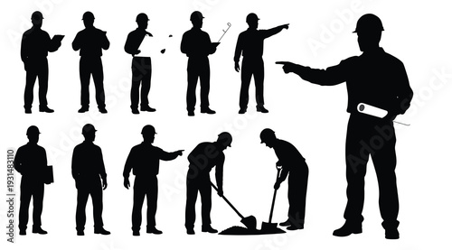 A set of black silhouette icons depicting various people working and interacting with each other in different poses and actions isolated on white background