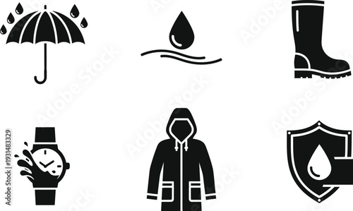 Waterproof and Water Resistant Icon Set EPS Vector for Rain Protection, Outdoor Gear, and Weatherproof Product Labeling - Isolated Black and White Flat Design