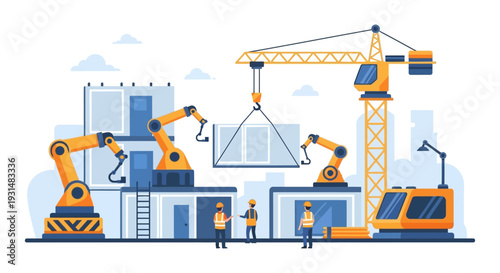 Robotic Automation in Modern Construction: Industrial Robots, Crane & Engineers Collaborating on Modular Building Site