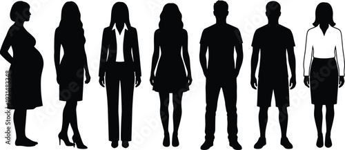 Black silhouette collection of diverse men and women including pregnant woman isolated on white background vector illustration