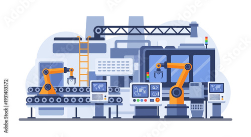Smart Factory Automation. Robotic Arms on Industrial Production Line with Conveyor Belt & Control Panels. Modern Manufacturing Technology Illustration.