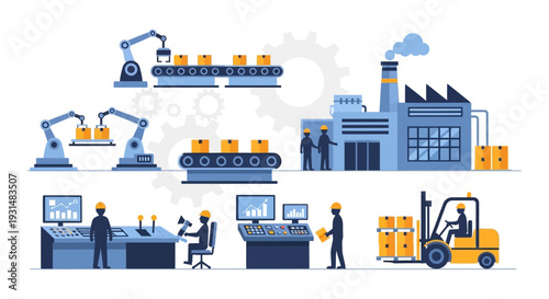 Industrial Automation & Logistics: Smart Factory Production, Robotics & Supply Chain Workflow Flat Illustration