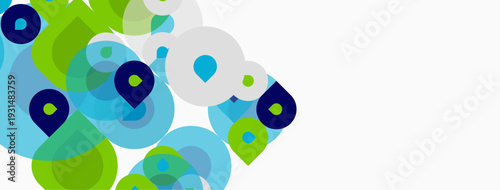 Abstract shapes overlap, creating vibrant color blends. Blue, green hues dominate composition. Minimalist design, clean aesthetic.