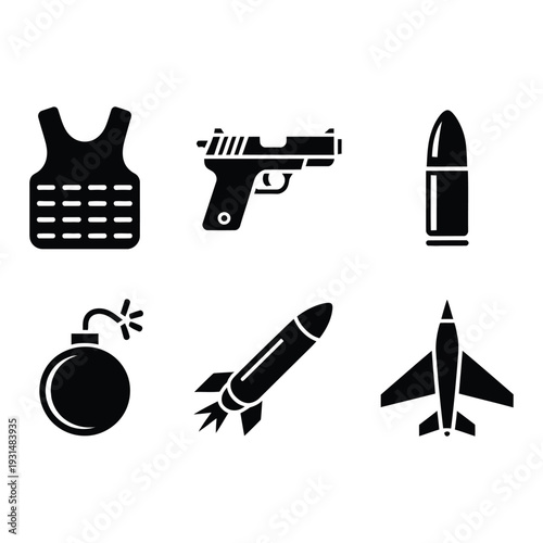 Essential army equipment and combat weapon solid black glyph symbols set