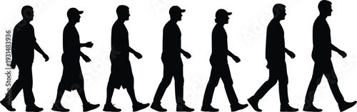 Black silhouette collection of walking men in different casual poses isolated on white background side view vector illustration