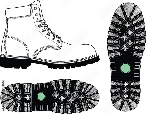 Leather work boot vector illustration, side and sole view lace up safety footwear fashion technical drawing template