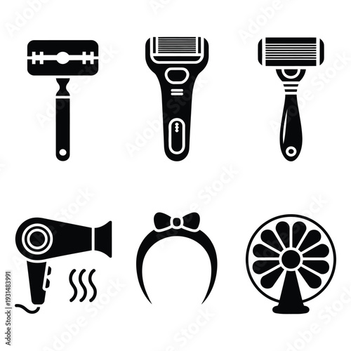 Essential personal care and home appliance icons for daily hygiene and comfort