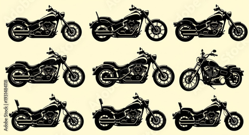 Collection of nine black cruiser motorcycles displayed in a grid pattern.