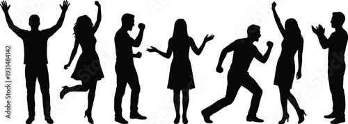 Black silhouette collection of men and women dancing in lively party poses isolated on white background celebration set