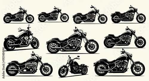 Collection of detailed black and white motorcycle illustrations.