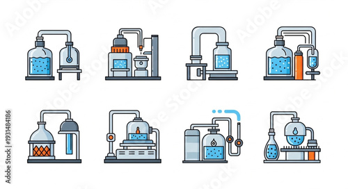 Collection of Industrial Chemical Laboratory Equipment Icons.