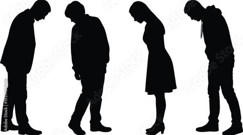 Black silhouette collection of sad men and woman with bowed heads isolated on white background, depression concept set