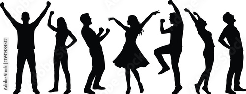 Black silhouette collection of young people dancing in energetic party poses isolated on white background, dynamic celebration set