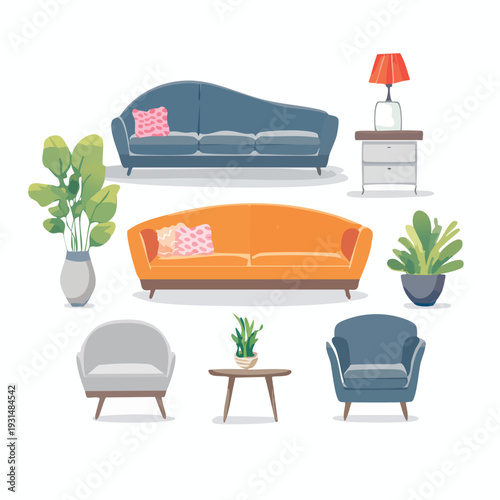 Collection of modern sofas, armchairs, coffee tables, and decorative plants for stylish living room interior design