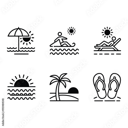 Summer vacation and beach holiday elements including sun umbrellas and flip flops