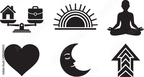 Work Life Balance, Mental Wellness and Professional Harmony Smooth Silhouette Icon Set Vector Illustration