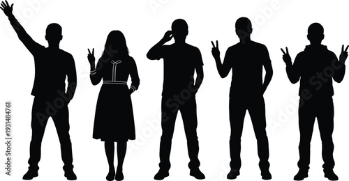 Black silhouette collection of young people showing peace and victory hand gestures isolated on white background set