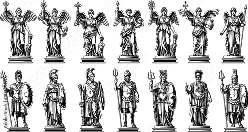 Ancient Greek Roman Gods and Goddesses Vector Illustration Set featuring Winged Victory Nike Athena Neptune and Spartan Warrior Statues on White