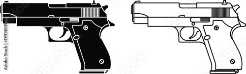 Black and white semi automatic pistol silhouette vector illustration, handgun outline icon, firearm graphic isolated on gray background