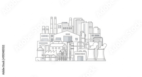Architectural drawing of a modern city skyline with buildings and structures.