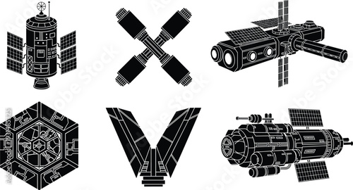 Satellite and space station silhouette collection vector illustration, detailed spacecraft and orbital technology icons isolated on white background