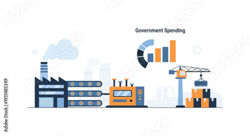Government Spending, Industrial Production & Supply Chain: Economic Investment & Manufacturing Impact Illustration