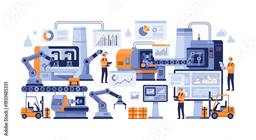 Smart Factory Automation: Industry 4.0 Digital Manufacturing. Robotic arms, production lines, and workers monitor data for efficient industrial processes.