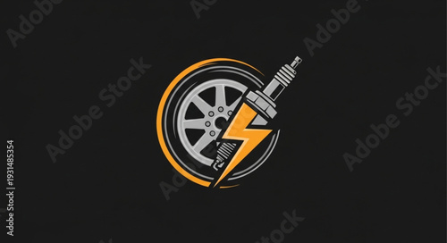 Automotive Spark Plug and Wheel with Lightning Bolt Icon.