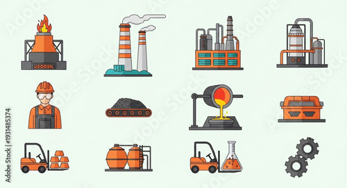 Industrial factory and manufacturing icons set.