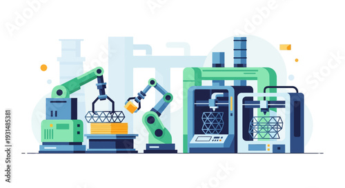 Industry 4.0 Smart Factory Automation: Robotic Arms & 3D Printers for Modern Manufacturing, Digital Production & Advanced Technology