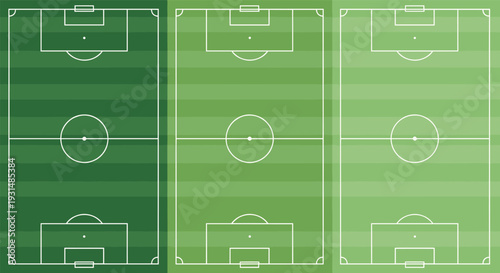Soccer field top view vector illustration set, football pitch layout background with green grass texture and white line markings