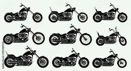 Collection of Chopper Motorcycles Silhouettes on White Background.
