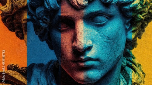 Colorful Pop Art Statue: Vibrant Split-Tone Classical Sculpture Portrait