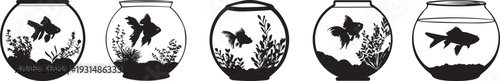Set of hand-drawn fishbowl illustrations with aquatic plants and fish, ideal for representing home decor, tranquility, and nature, perfect for aquatic life and pet themes.