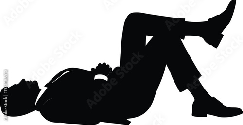 Black silhouette of man lying on back with knees bent isolated on white background relaxed pose vector illustration