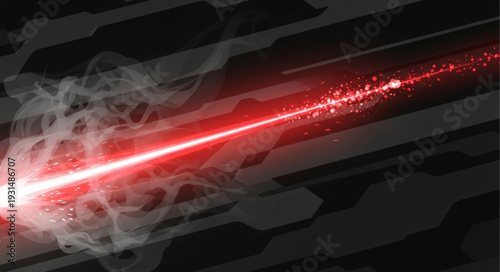 Bright Red Laser Beam Cutting Through Smoke Particles.