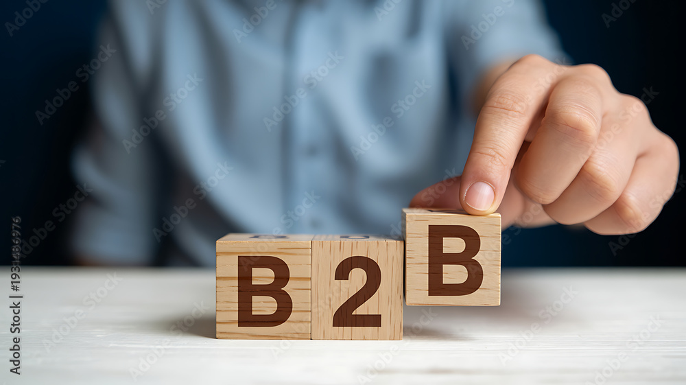Naklejka premium Business to business concept on wooden cubes, business hand putting last wooden cube with letter b to complete b2b word on table background