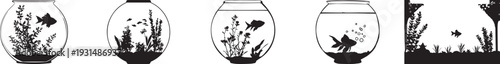 Set of hand-drawn illustrations featuring fishbowls with different underwater scenes, symbolizing aquatic life, nature, and peaceful environments, perfect for themes of relaxation and nature.