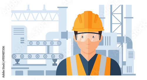 Industrial Worker in Safety Gear at Manufacturing Plant Illustration