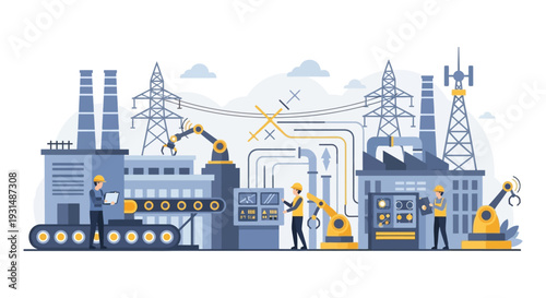 Industrial Automation Smart Factory Illustration with Engineers, Robotic Arms & Production Line. Modern Manufacturing & Industry 4.0 Concept.